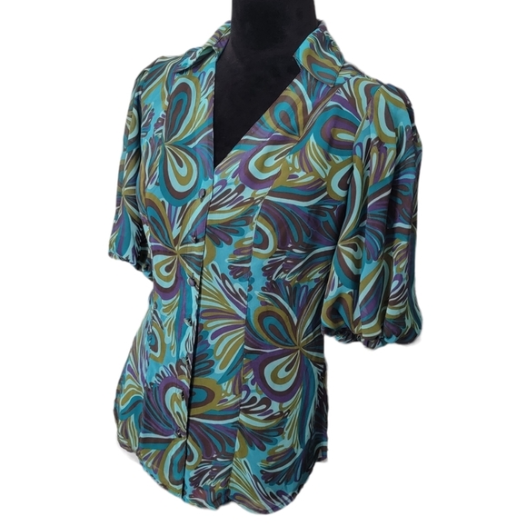 Bisou Bisou Retro Flower Print Balloon Sleeve Button Down Shirt Size XS - Picture 3 of 8